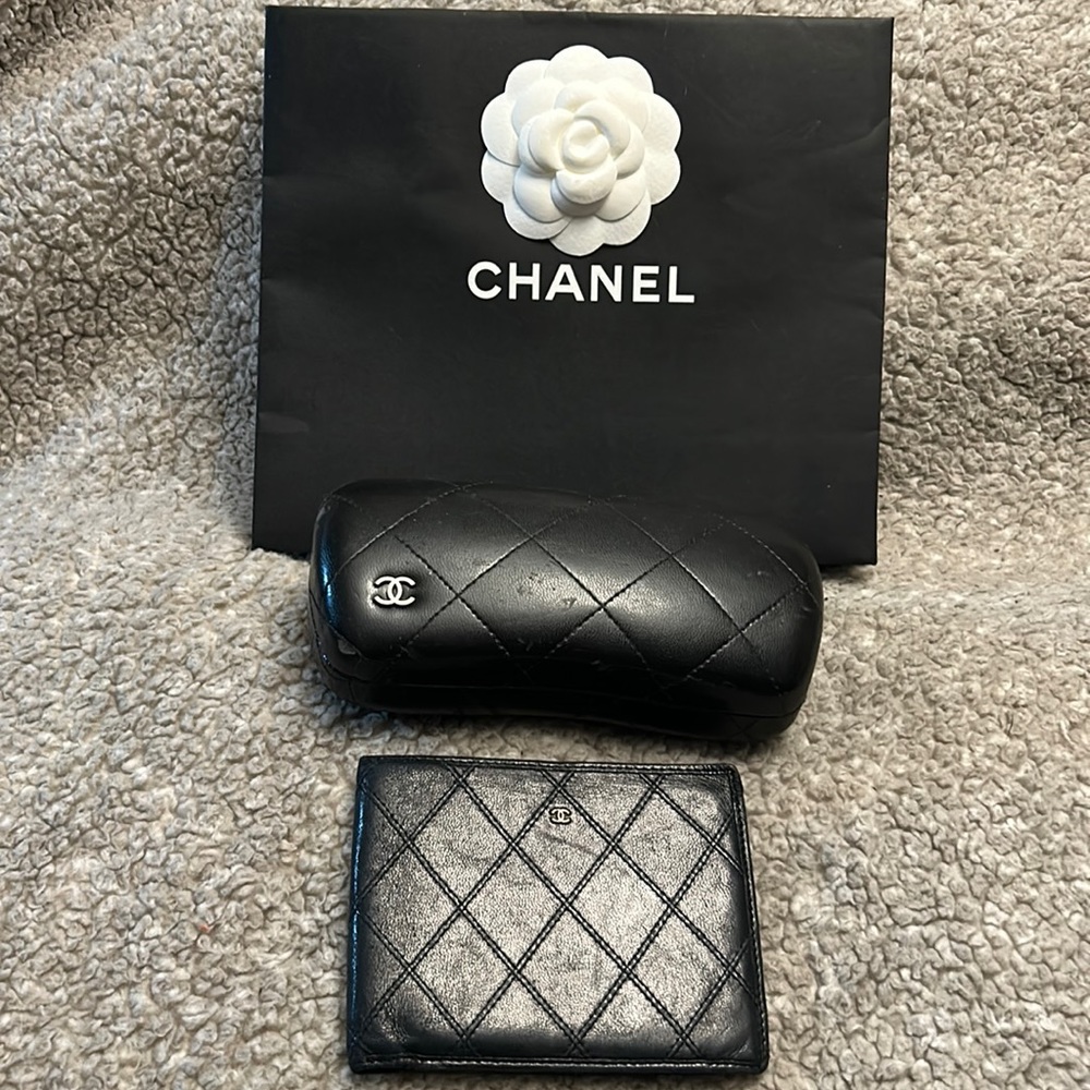Chanel Black Caviar Bifold quilted wallet and black leather sunglass case bundle